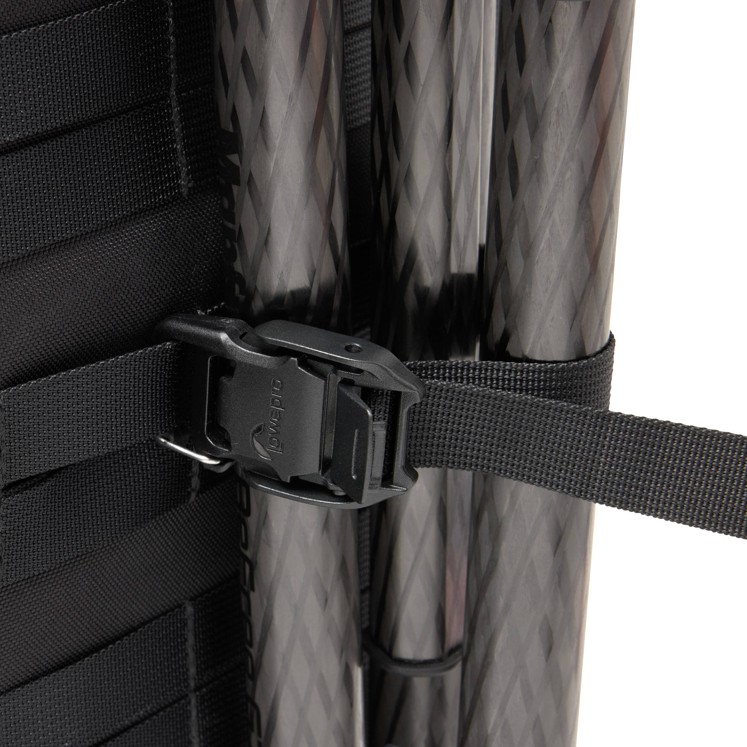 Adjustable Lowepro ProTactic Quick Straps III made of 93% recycled fabric, featuring glove-friendly cam-lock side release buckles, new custom gatekeeper hooks, compatible with 20mm webbing loops, perfect for securing tripods and accessories to camera bags.