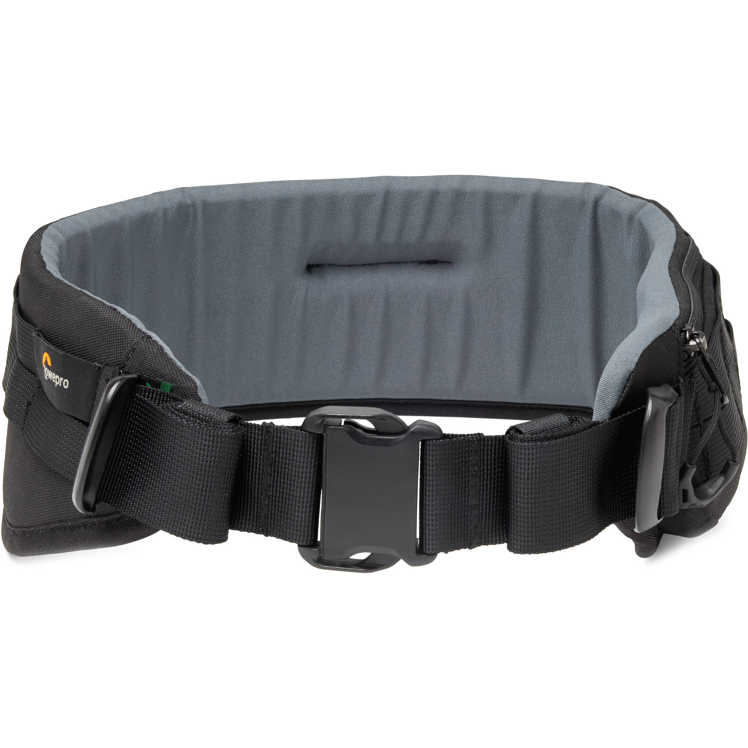 Lowepro ProTactic Utility Belt III in black, fits waists 76-148 cm, holds up to seven SlipLock pouches, includes deployable drawstring pocket for lens swaps or 1L water bottle, made with 92% recycled fabric for durability and comfort.