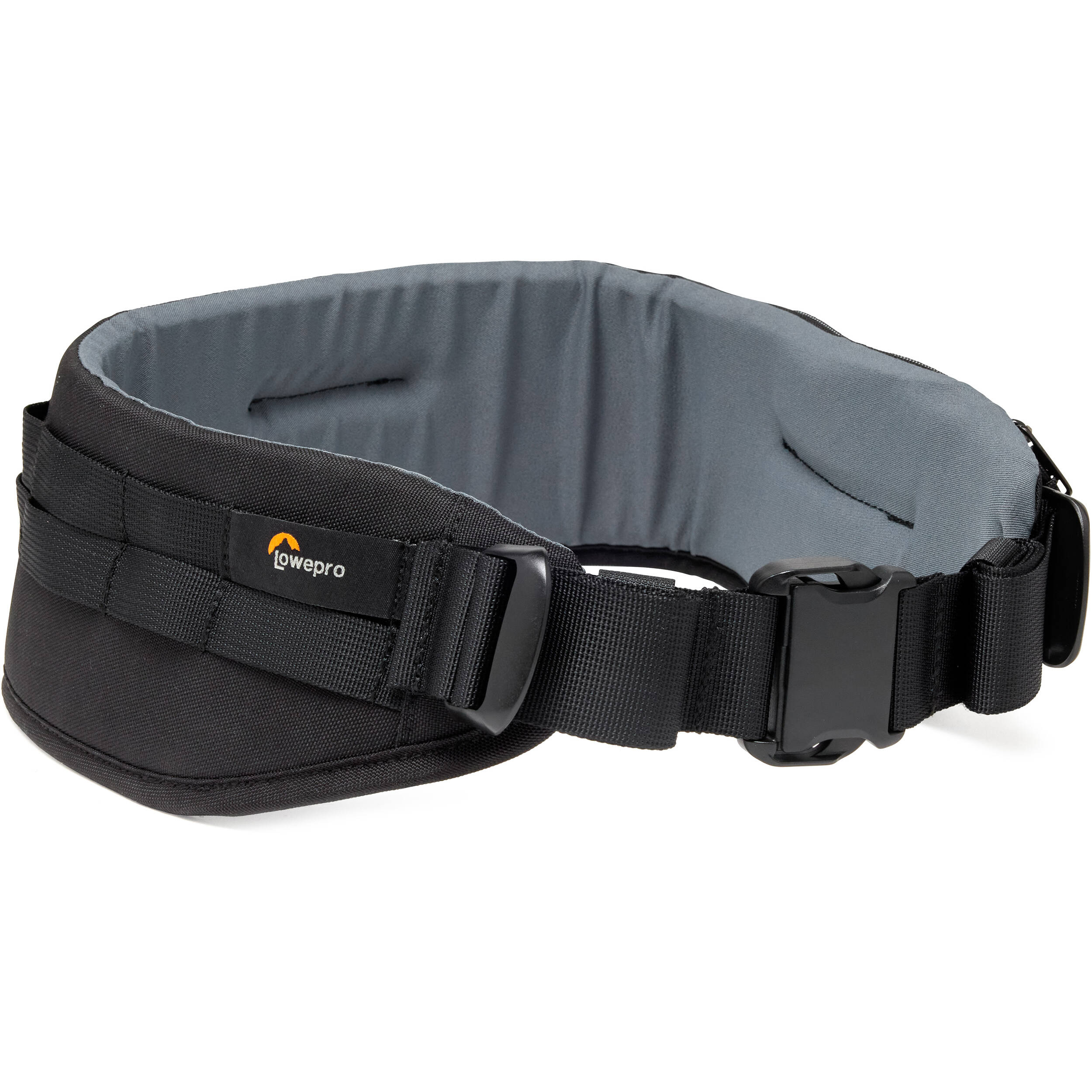 Lowepro ProTactic Utility Belt III in black, fits waists 76-148 cm, holds up to seven SlipLock pouches, includes deployable drawstring pocket for lens swaps or 1L water bottle, made with 92% recycled fabric for durability and comfort.