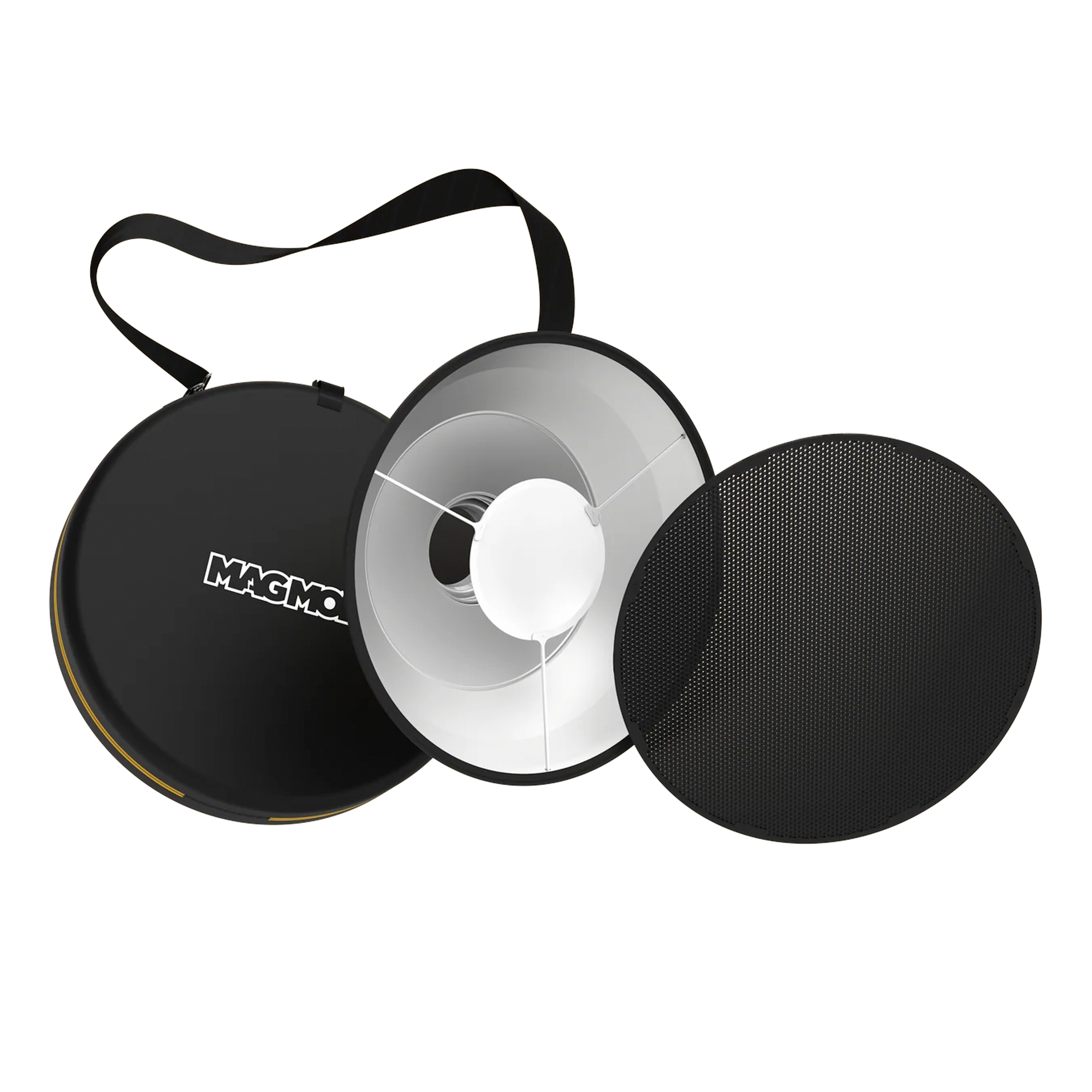 MagMod Beauty Dish XL Pro Kit – Collapsible 20-inch silicone beauty dish with magnetic modular design, 40° beam angle grid, diffusion sock, Bowens mount adapter, and semi-hard carry case with strap for portable studio lighting.
