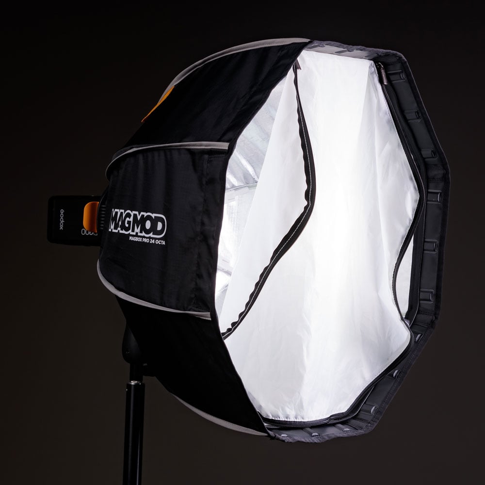 MagMod MagBox Pro 24″ Octa softbox with zip-on fabric diffuser, integrated gel slot, and honeycomb grid (shown detached).