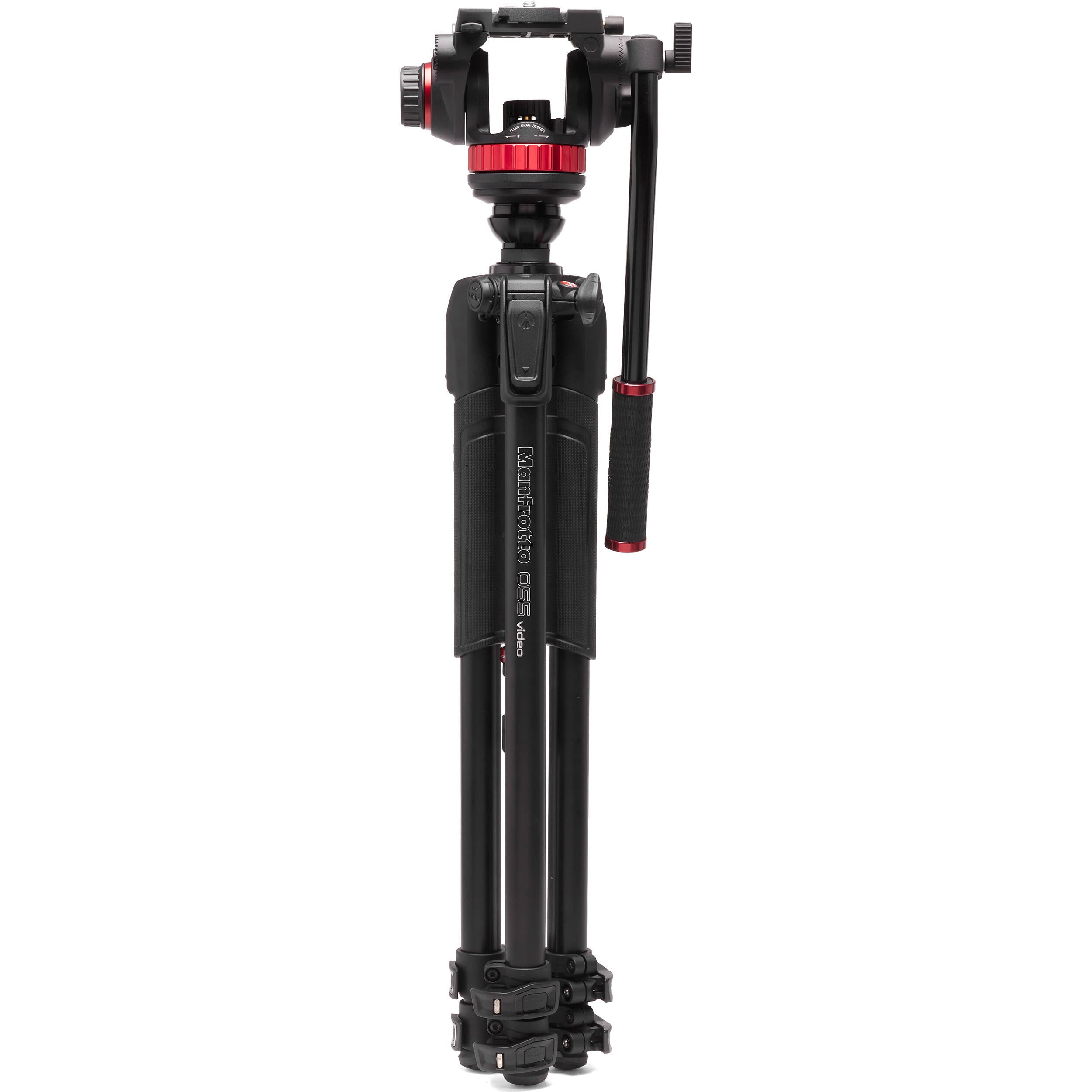 Manfrotto 3-Section 055 Aluminium Video Tripod with 502 Fluid Head, showing tripod legs, fluid head, and accessory mounts.