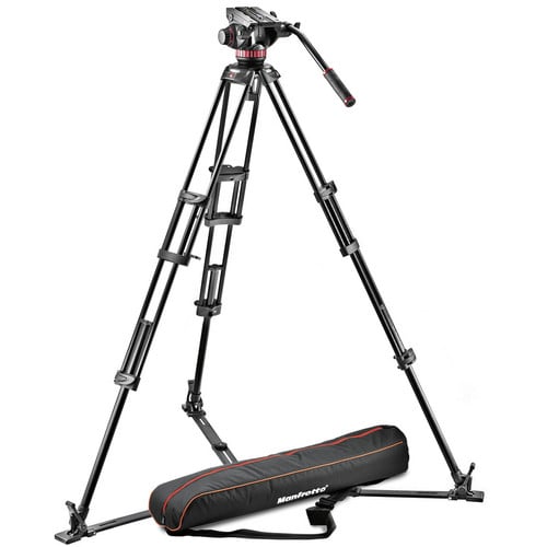 This video system features the 502 fluid video head, the 546GB professional aluminium twin leg tripod with ground spreader, and padded carry bag.