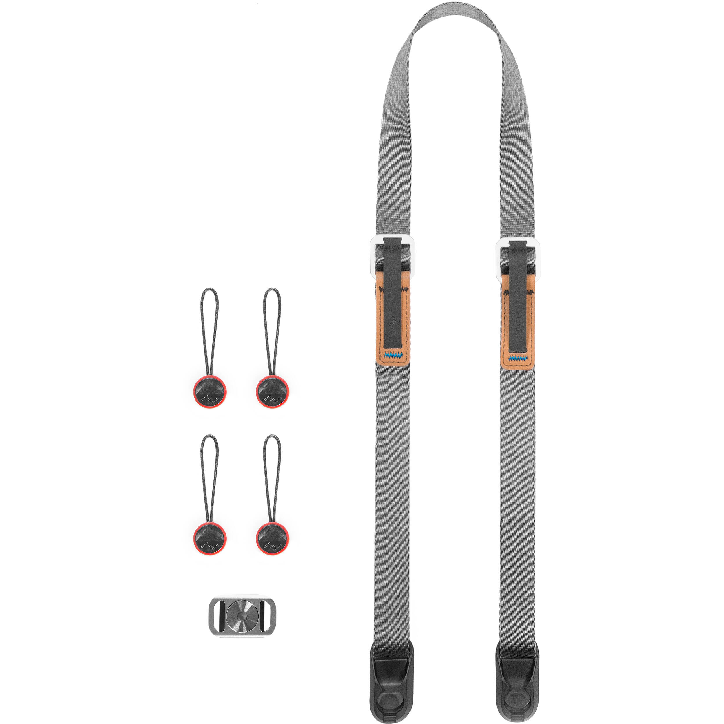 Peak Design Leash camera strap in Ash color, adjustable length from 83 to 145 cm, slim nylon webbing with leather accents, quick-adjust aluminum sliders, quick-release anchors rated for 90 kg, versatile for neck, shoulder, or cross-body carry.
