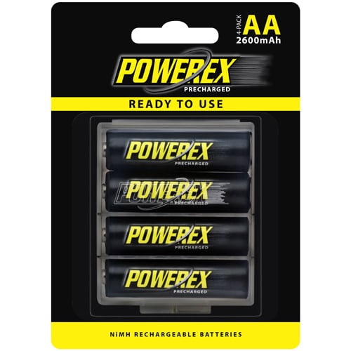 Powerex 4-pack AA 1.2V 2600mAh rechargeable NiMH batteries, precharged and ready to use.