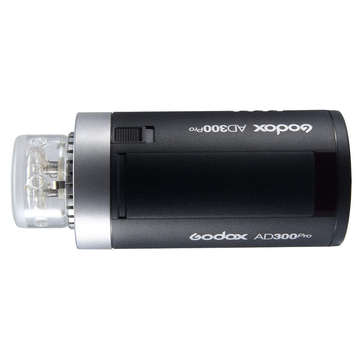 Godox AD300 Pro Portable Pocket Flash – compact flash unit in silver/grey housing, showing control panel and Bowens mount front