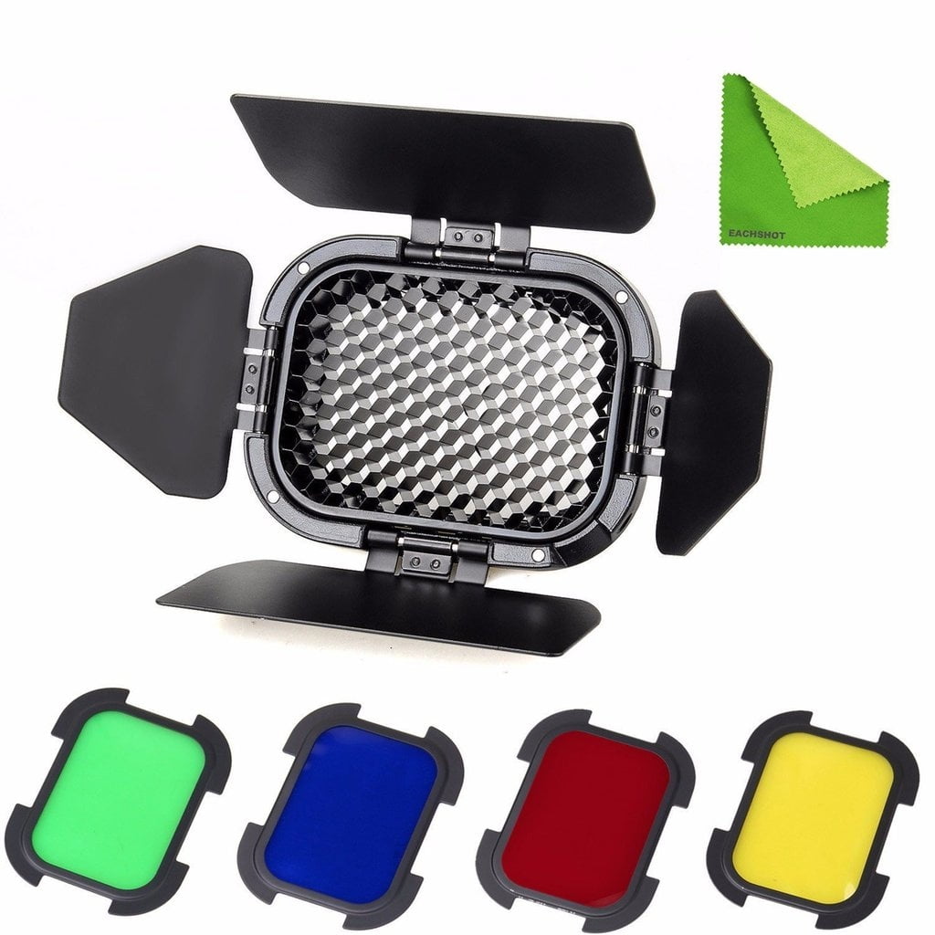 Godox barn door kit with four colour gels for AD200/AD200 Pro flash head — black hinged flaps + red, blue, green, yellow filters