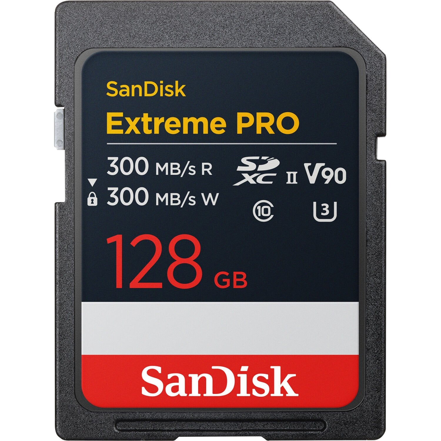 SanDisk Extreme PRO 128GB SD card on a white background