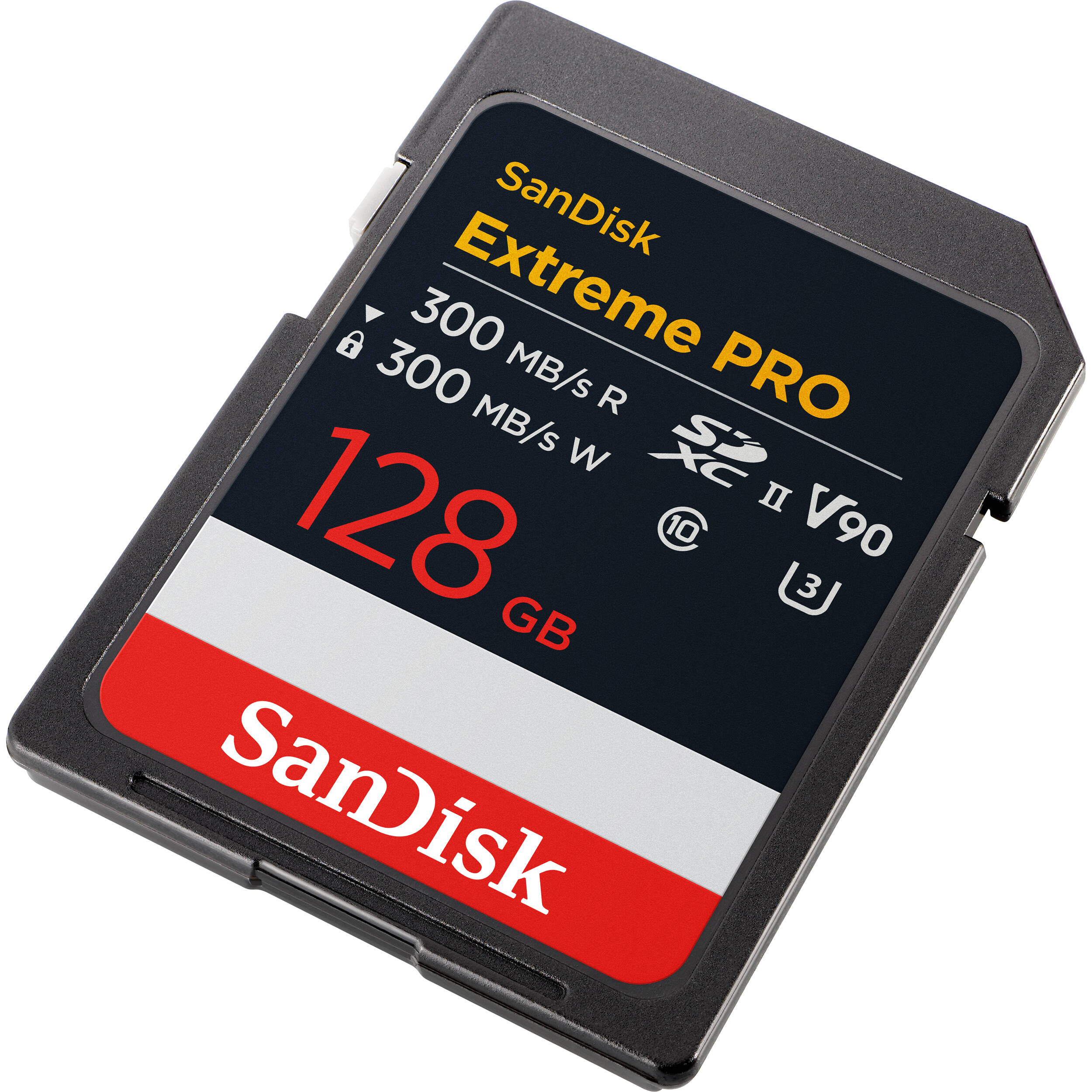 SanDisk Extreme PRO 128GB SD card on a white background