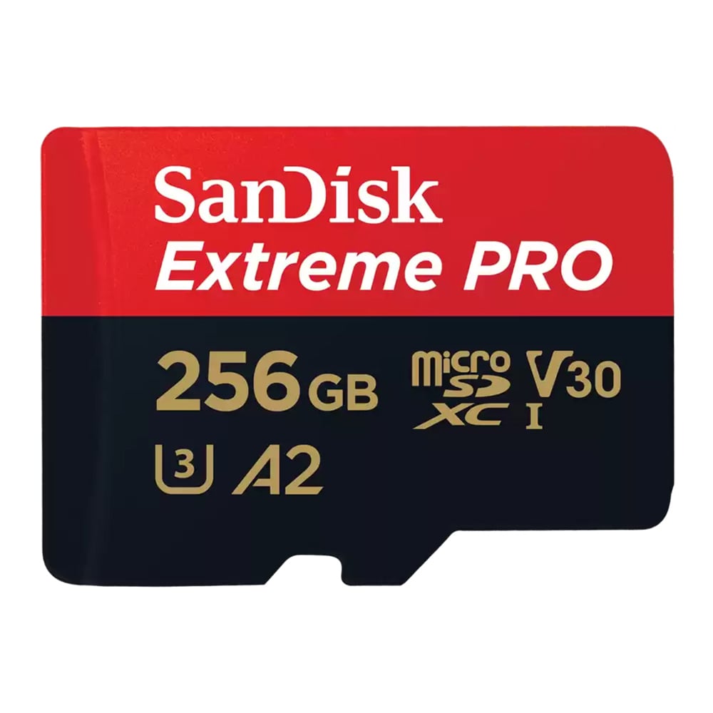 SanDisk Extreme PRO 256GB microSDXC card on a white background