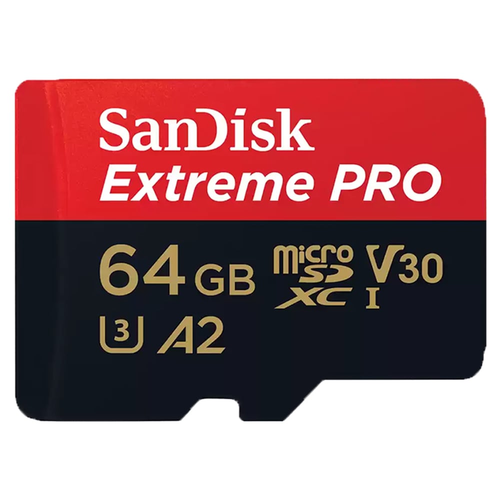 SanDisk Extreme PRO 64GB microSDXC card on a white background