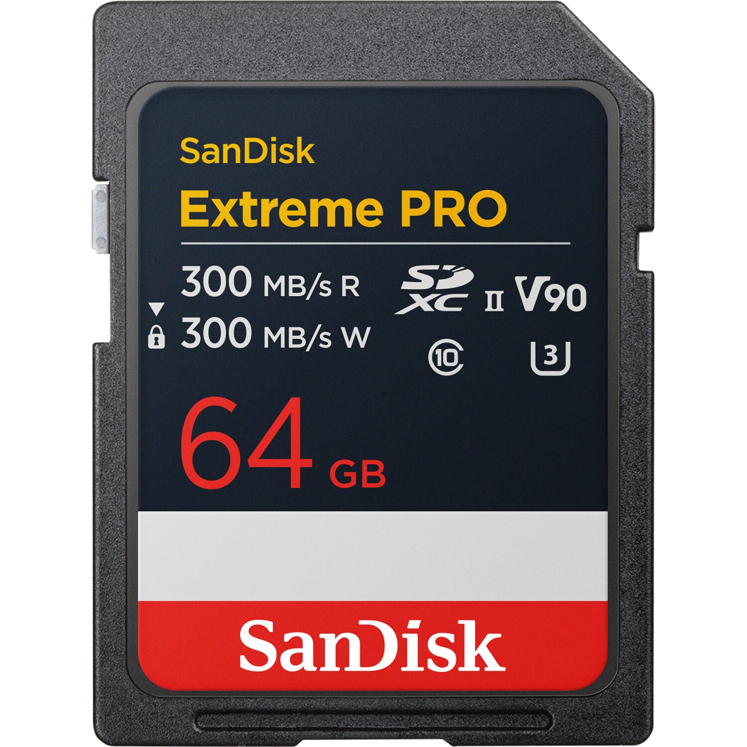 SanDisk 64GB Extreme Pro UHS-II SDXC Memory Card, high-speed V90 card for 4K and 8K video, shockproof, waterproof, and temperature-resistant for professional cameras.