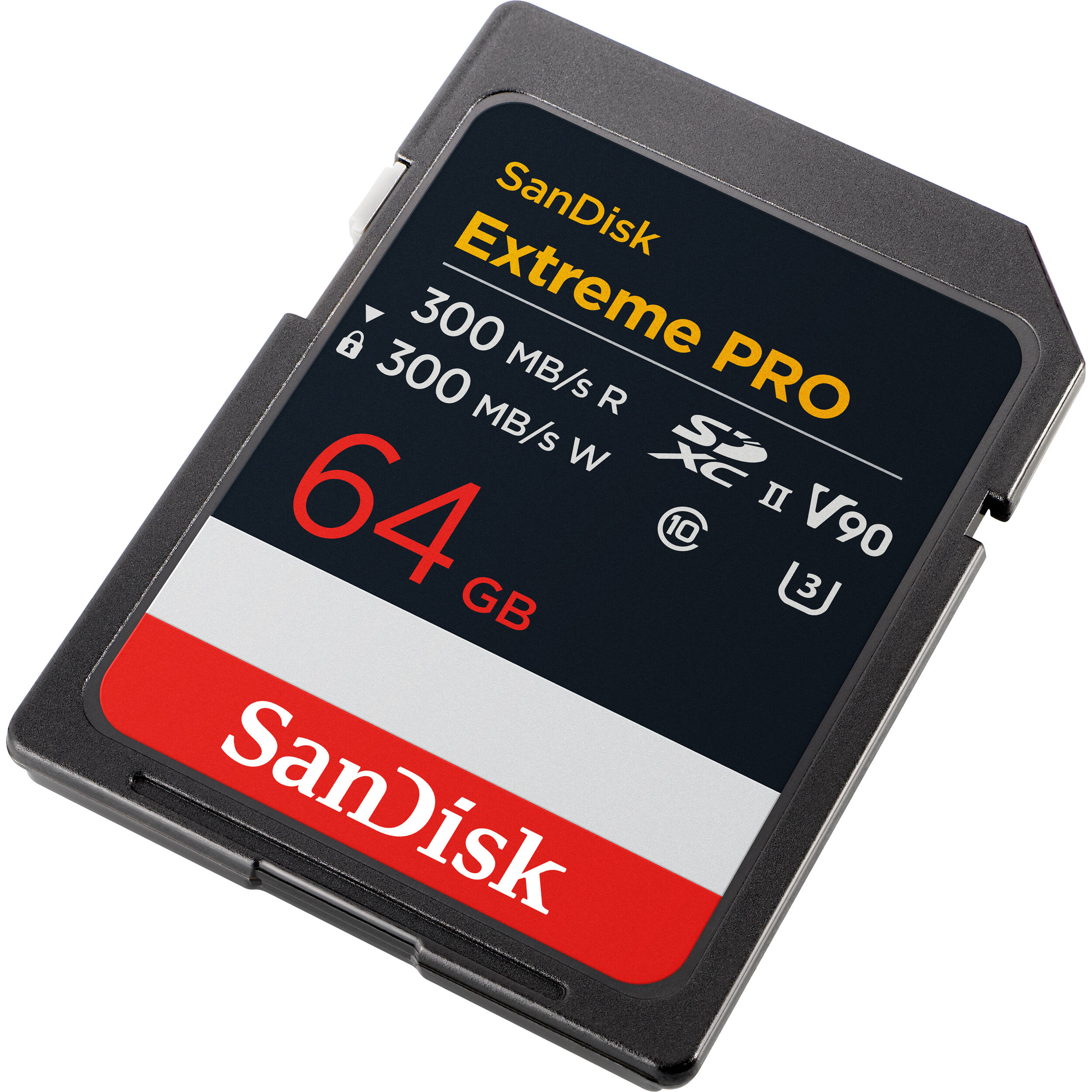 SanDisk 64GB Extreme Pro UHS-II SDXC Memory Card, high-speed V90 card for 4K and 8K video, shockproof, waterproof, and temperature-resistant for professional cameras.