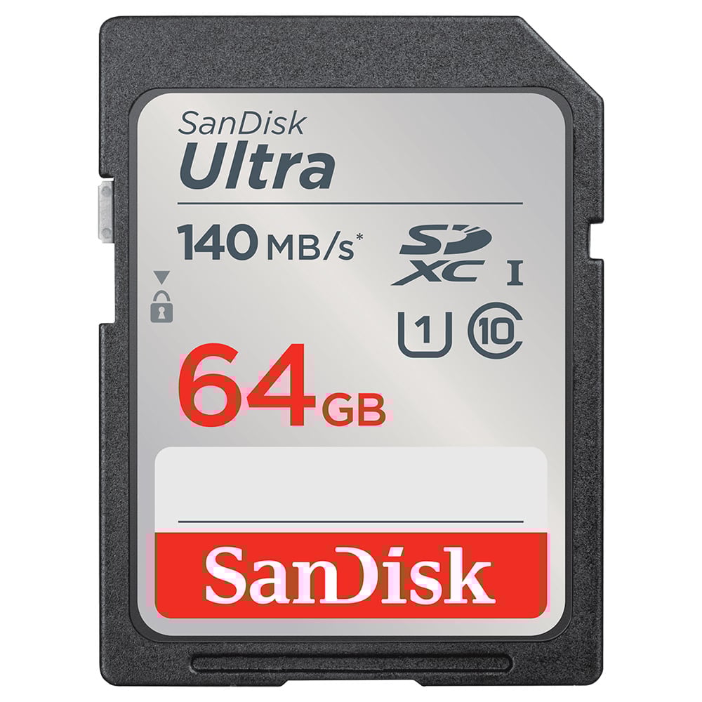 SanDisk Ultra 64GB SD card on a white background