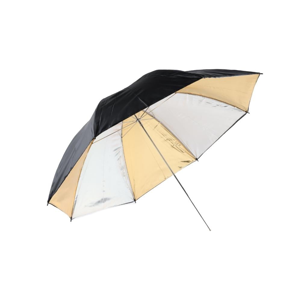 Sky Silver & Gold Umbrella 83 cm – dual reflective interior with black backing, offering warm, soft, wrap-around lighting ideal for single light portraits.