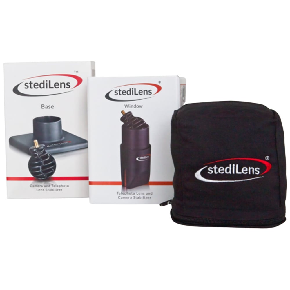 StediLens base unit with beanbag and window kit – black mounting frame, cushioned beanbag support, and interchangeable lens window inserts.