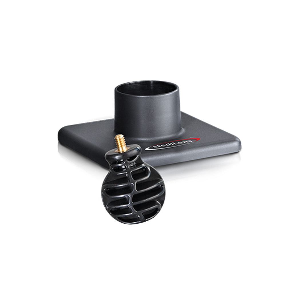 StediLens Base Unit for camera and telephoto lens stabilisation, with broad non‑slip silicone pads, compact cylindrical body and central screwball attachment point, designed for stable, gimbal‑like movement on beanbags, tripods or flat surfaces.