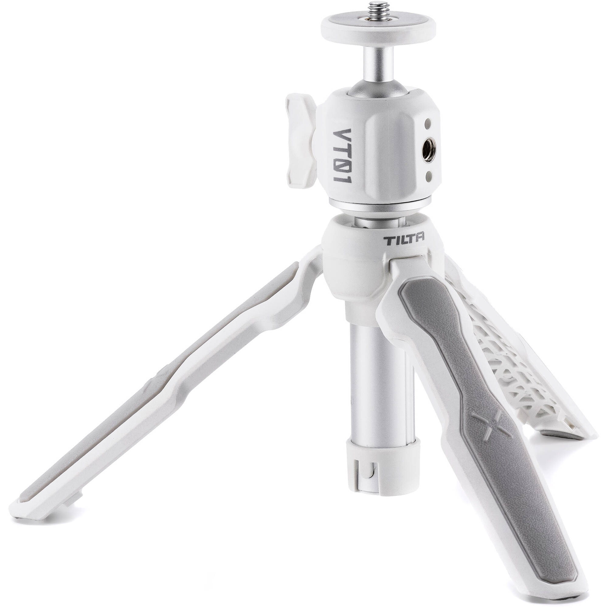 Tilta VT01 Extendable Vlog Tripod in White featuring adjustable legs, ball head, and cold shoe mount for smartphones and compact cameras.