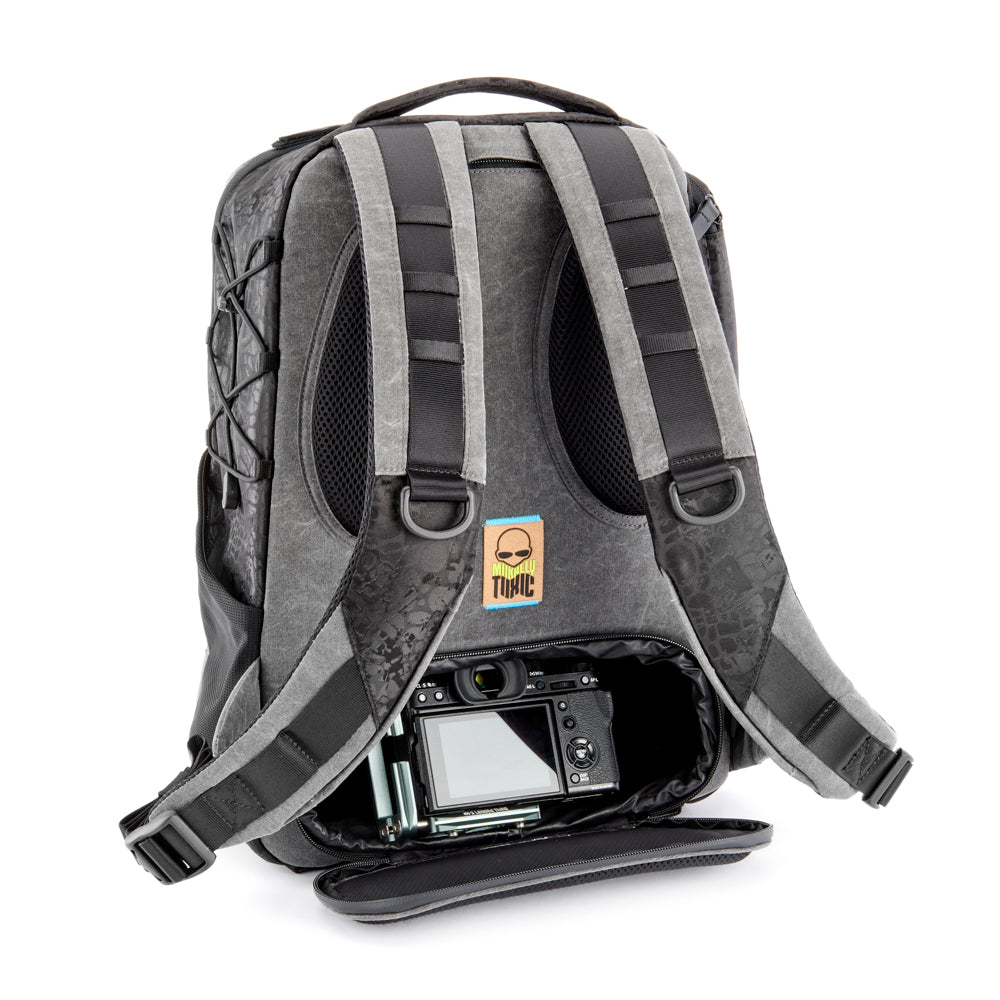 Valkyrie camera backpack with adjustable dividers, tripod holder, water-resistant fabric, and padded interior for photography gear