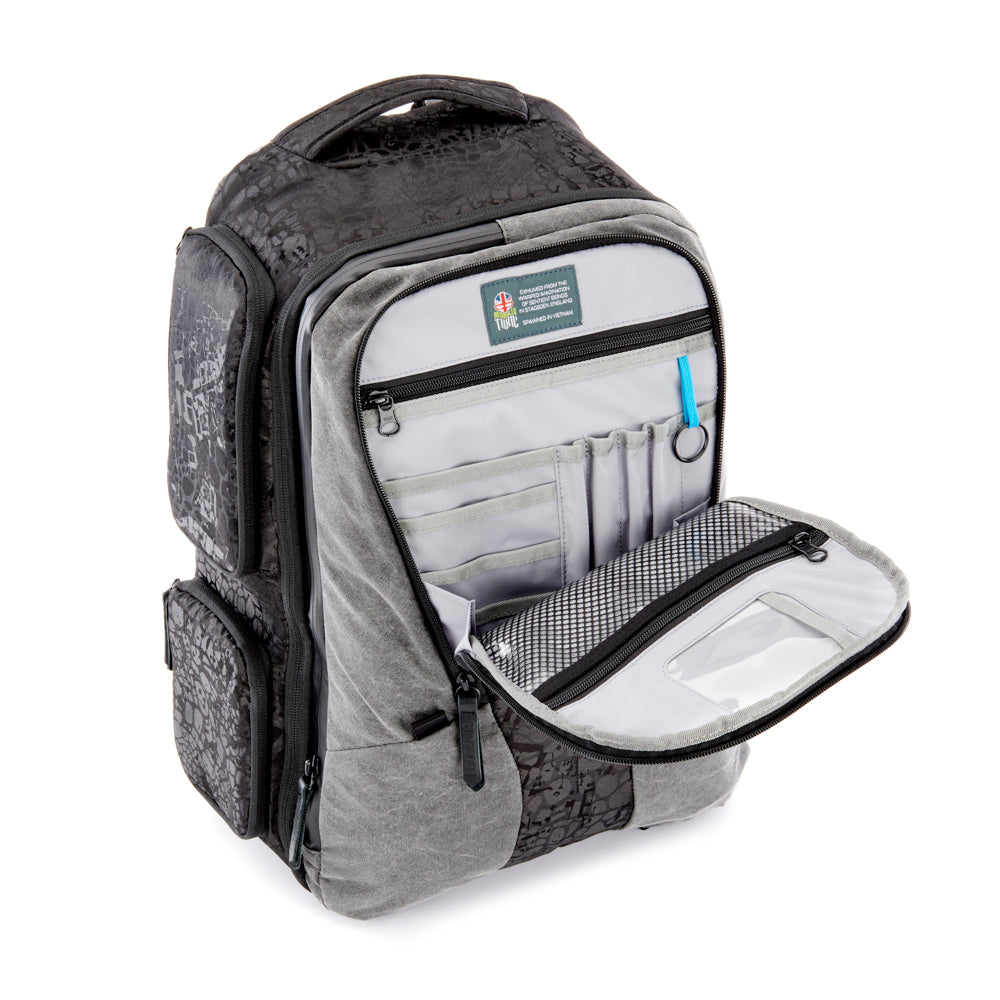 Valkyrie camera backpack with adjustable dividers, tripod holder, water-resistant fabric, and padded interior for photography gear