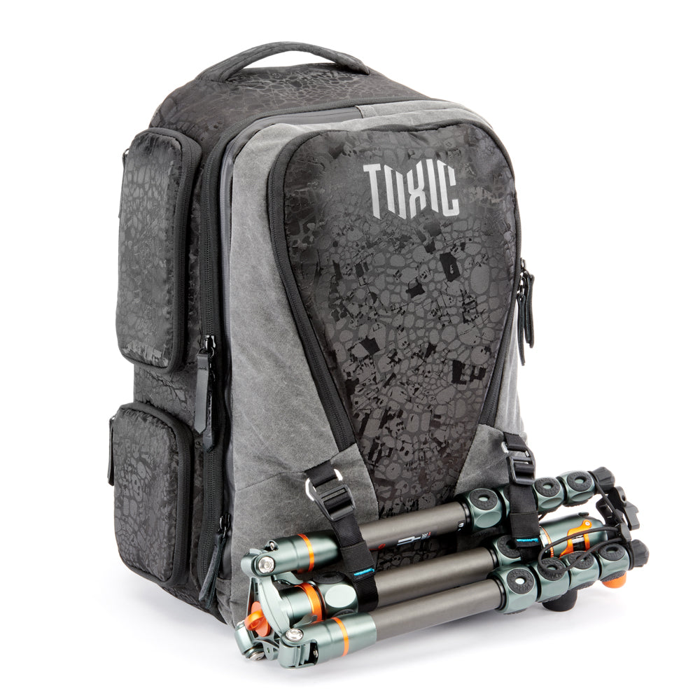 Valkyrie camera backpack with adjustable dividers, tripod holder, water-resistant fabric, and padded interior for photography gear