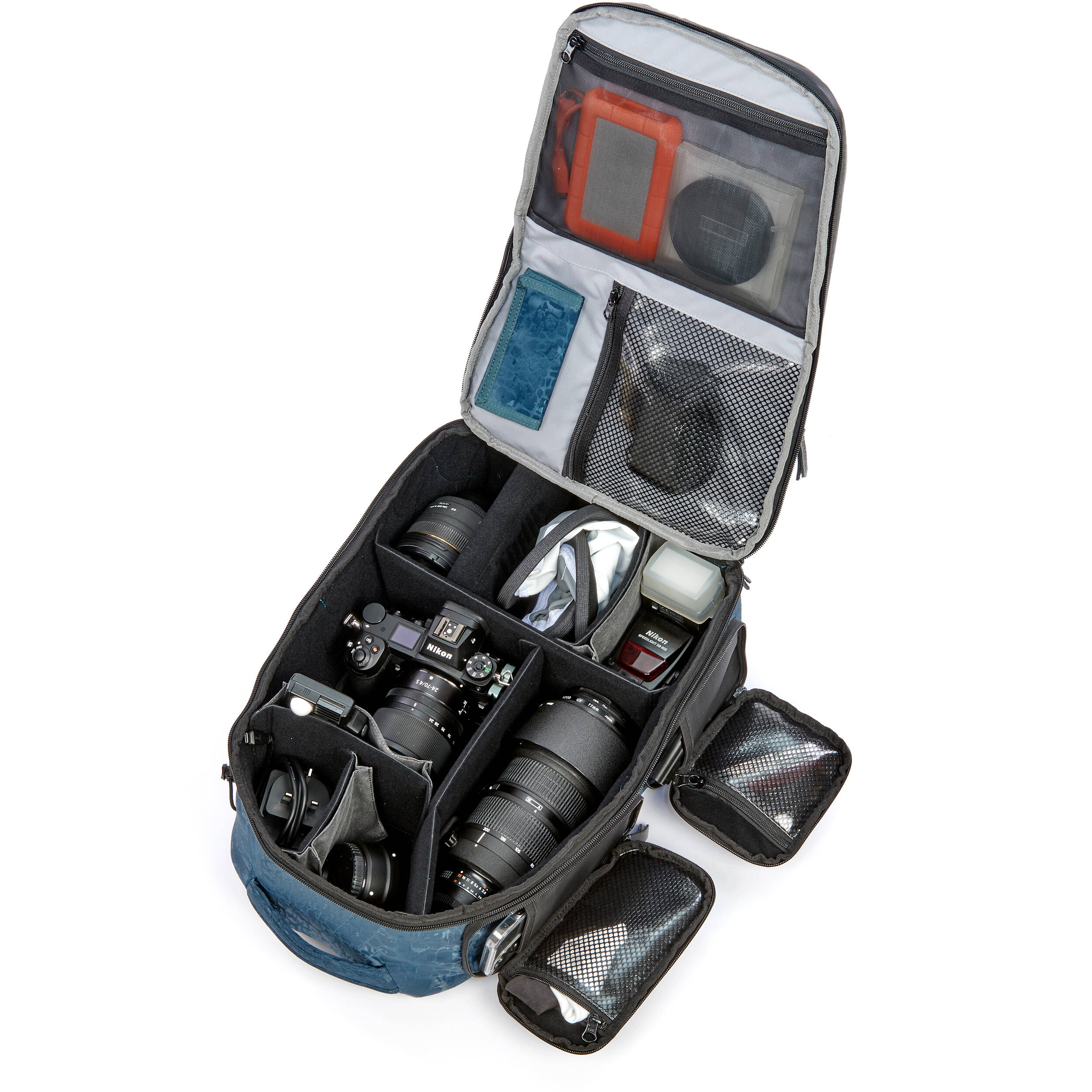 Valkyrie camera backpack with adjustable dividers, tripod holder, water-resistant fabric, and padded interior for photography gear