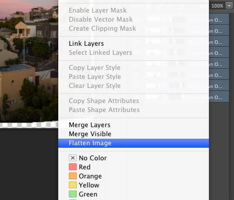 Flatten image option in Adobe Photoshop