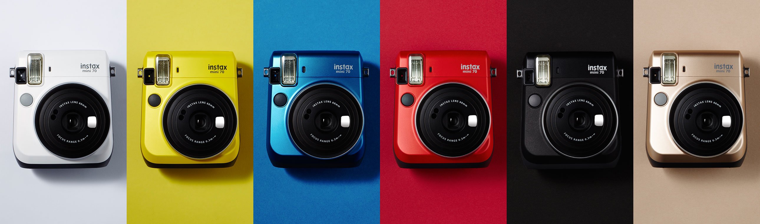 Display of the bright and beautifully colourful range of Fuji Instax Mini 70 Polaroid cameras