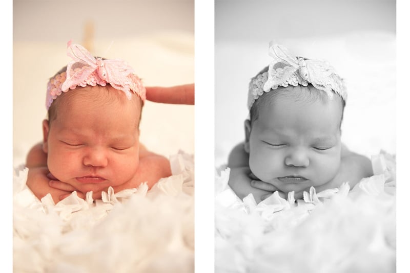 Before and after photograph of a new born with her face resting on her arms