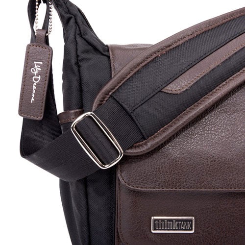 designer shoulder camera bag detail
