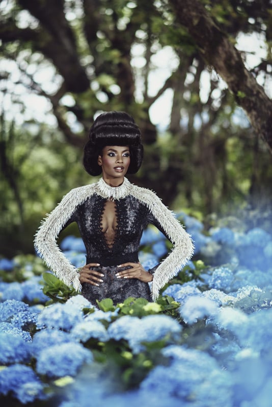Fantasy world created by Ingrid of an African model in a hydrangea setting