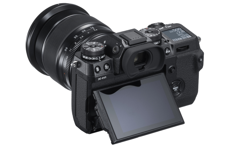 Photograph of the Fujifilm X-H1 Mirrorless Camera with the Monitor Down