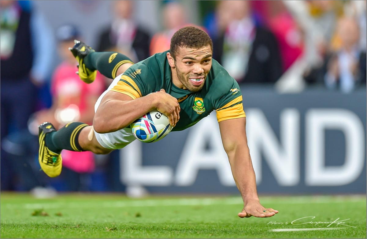 Bryan Habana scoring on of his record equaling attempt to Jona Lumu's record of the most tries during a RWC tournament in the RWC match South Africa v Samoa at Villa Park in Birmingham England on 26 SEPTEMBER 2015. © Christiaan Kotze/ SASPA