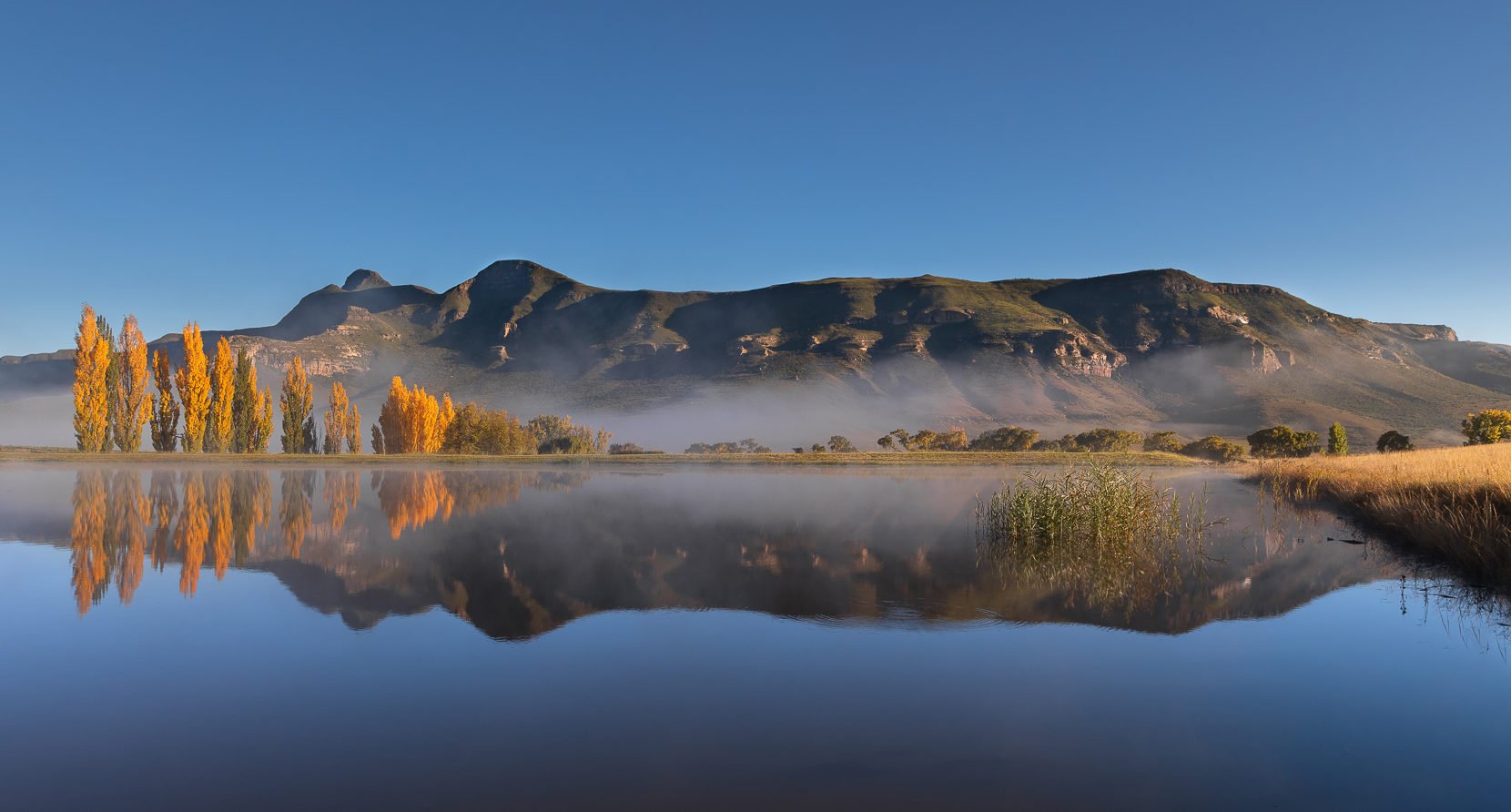 Taken in Clarens in autumn. The mist had just disappeared and the reflection in the water was just so beautiful. There was no wind, so the water was like a mirror.