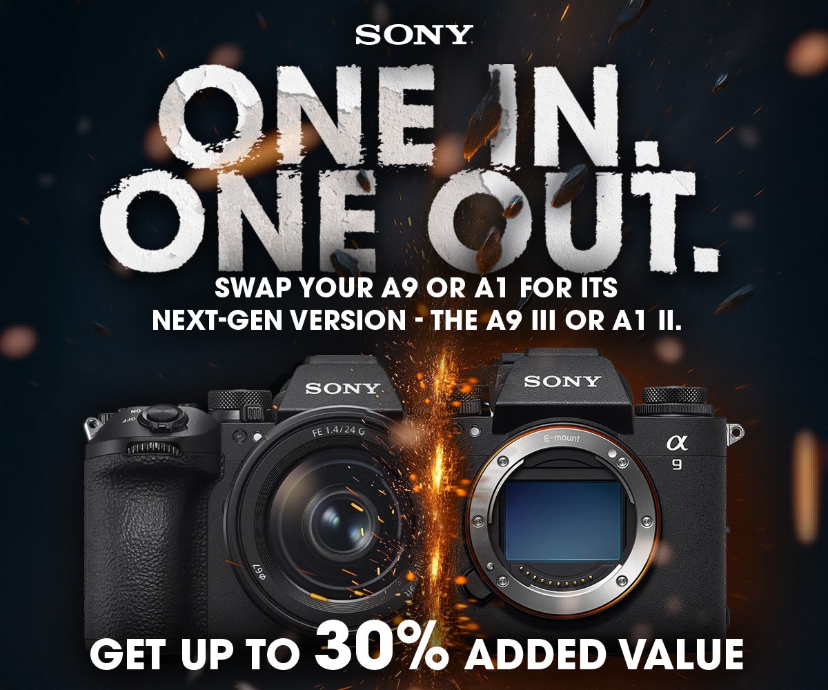 Switch to Sony 5-31 May 2025. Trade-in your older version A9 or A1 camera for a discount on a Sony Alpha A9 III or Sony Alpha A1 II.