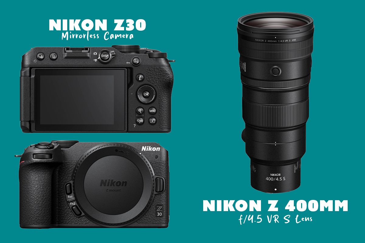 Nikon Z30 camera next to the NIkon Z 400mm lens.