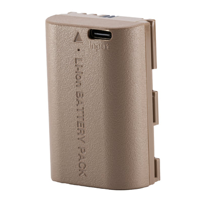 A tan textured replacement Li-ion battery pack for a camera, featuring a USB-C input port