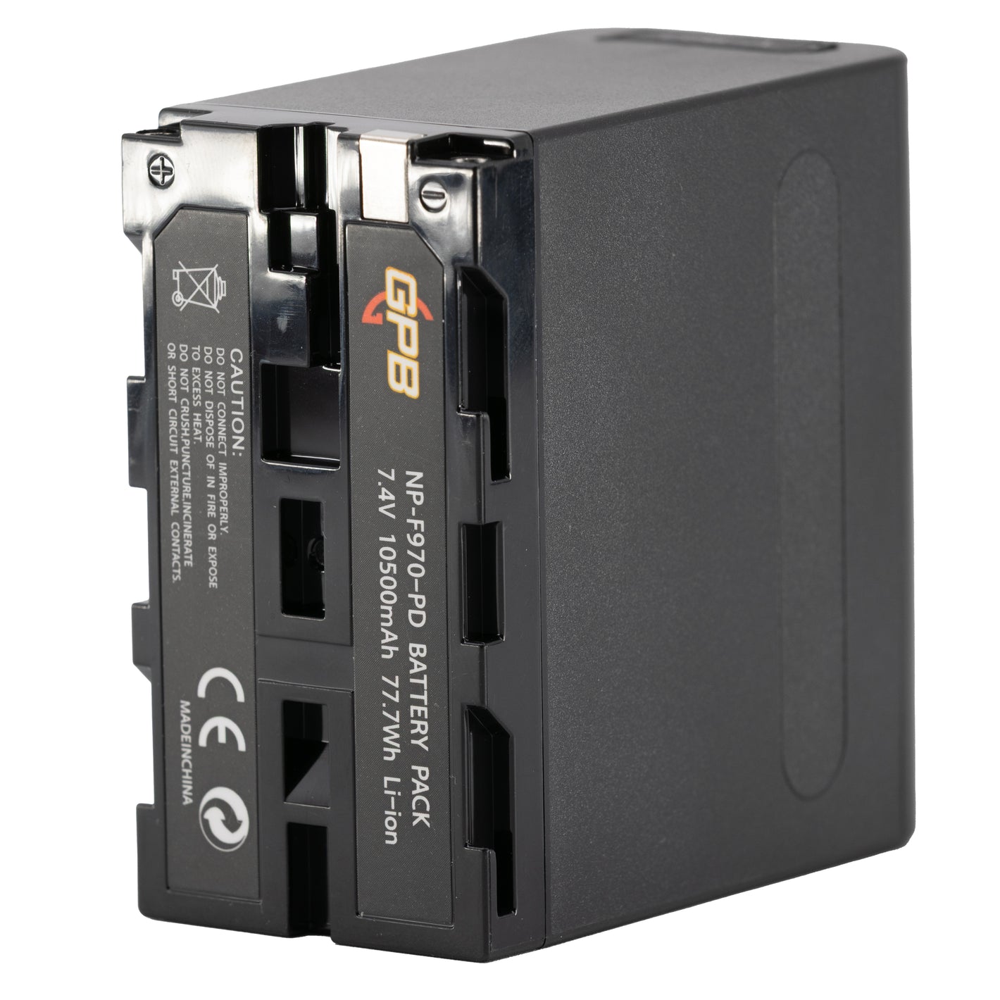 A black GPB NP-F970 PD Battery Pack, 7.4V 10380mAh Li-ion, shown at a three-quarter angle on a white background.