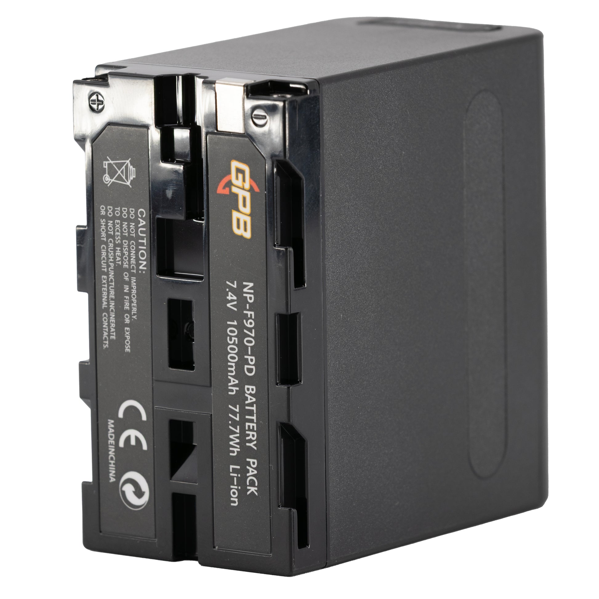 A black GPB NP-F970 PD Battery Pack, 7.4V 10380mAh Li-ion, shown at a three-quarter angle on a white background.