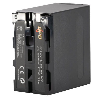 A black GPB NP-F970 PD Battery Pack, 7.4V 10380mAh Li-ion, shown at a three-quarter angle on a white background.
