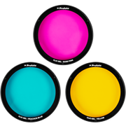 Three colorful gel filters with 'Profoto' branding on a white background