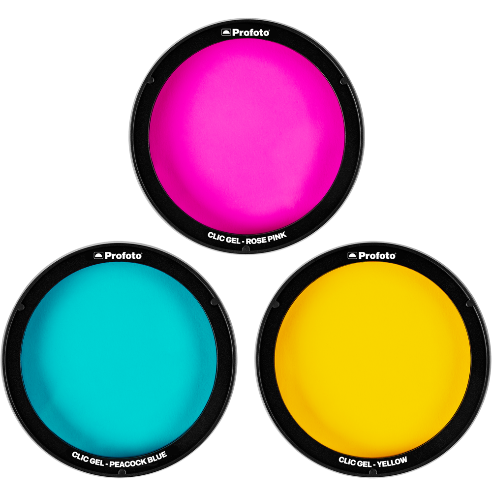 Three colorful gel filters with 'Profoto' branding on a white background