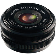 Fujifilm XF 18mm f/2 R wide-angle prime lens for X-Mount cameras, featuring 8 elements in 7 groups, 27mm full-frame equivalent focal length, and compact, lightweight design