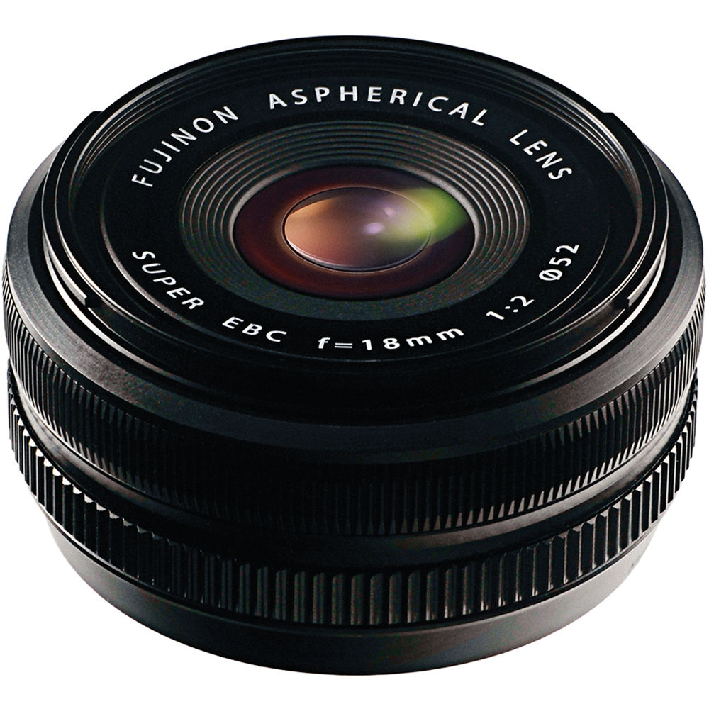 Fujifilm XF 18mm f/2 R wide-angle prime lens for X-Mount cameras, featuring 8 elements in 7 groups, 27mm full-frame equivalent focal length, and compact, lightweight design