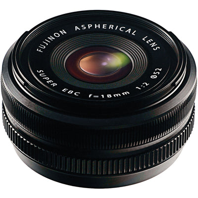 Fujifilm XF 18mm f/2 R wide-angle prime lens for X-Mount cameras, featuring 8 elements in 7 groups, 27mm full-frame equivalent focal length, and compact, lightweight design