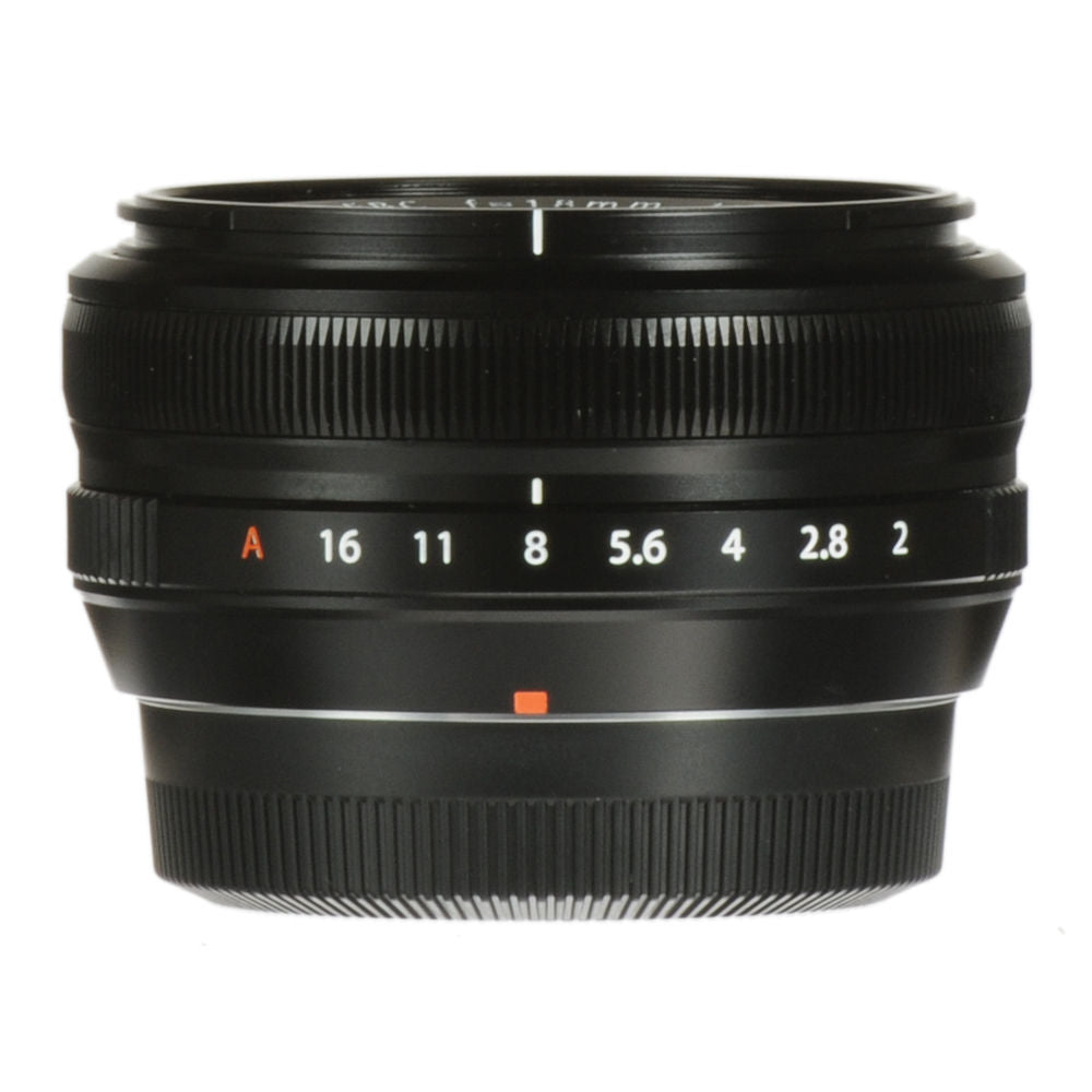 Fujifilm XF 18mm f/2 R wide-angle prime lens for X-Mount cameras, featuring 8 elements in 7 groups, 27mm full-frame equivalent focal length, and compact, lightweight design