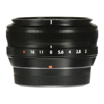 Fujifilm XF 18mm f/2 R wide-angle prime lens for X-Mount cameras, featuring 8 elements in 7 groups, 27mm full-frame equivalent focal length, and compact, lightweight design