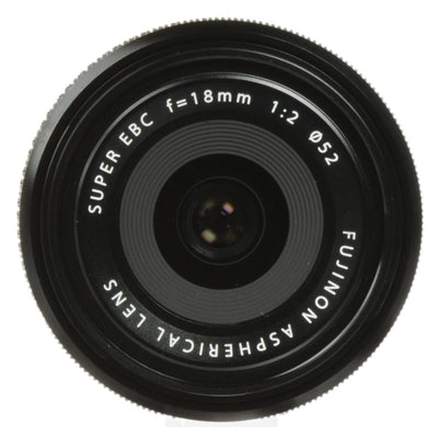 Fujifilm XF 18mm f/2 R wide-angle prime lens for X-Mount cameras, featuring 8 elements in 7 groups, 27mm full-frame equivalent focal length, and compact, lightweight design