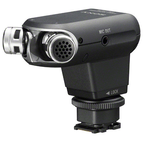 Sony ECM-XYST1M compact on-camera stereo microphone with adjustable pickup angle and Multi Interface Shoe connection.
