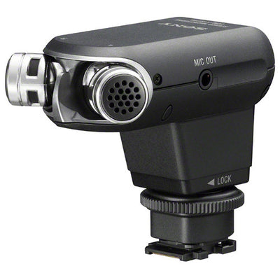 Sony ECM-XYST1M compact on-camera stereo microphone with adjustable pickup angle and Multi Interface Shoe connection.
